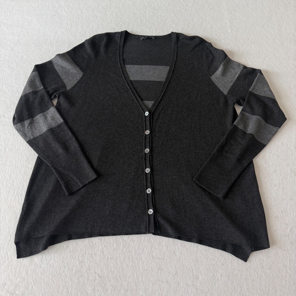 Eileen Fisher Striped Cardigan Sweater Women M Charcoal Grey V-Neck Italian Yarn